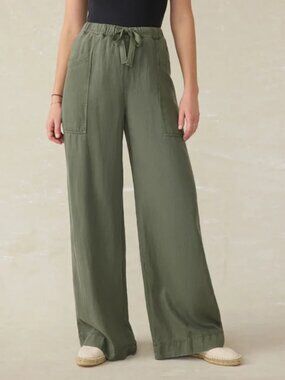 Faherty Topanga Drape Pants Relaxed Wide Leg Elastic Waist Tencel Linen Thyme
